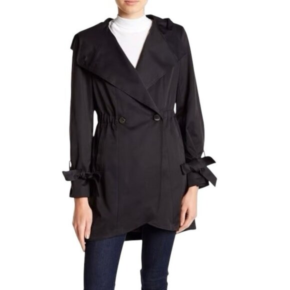 French Connection Hooded Tulip Hem Trench Coat Women’s S Black Satin Jacket - Picture 2 of 16